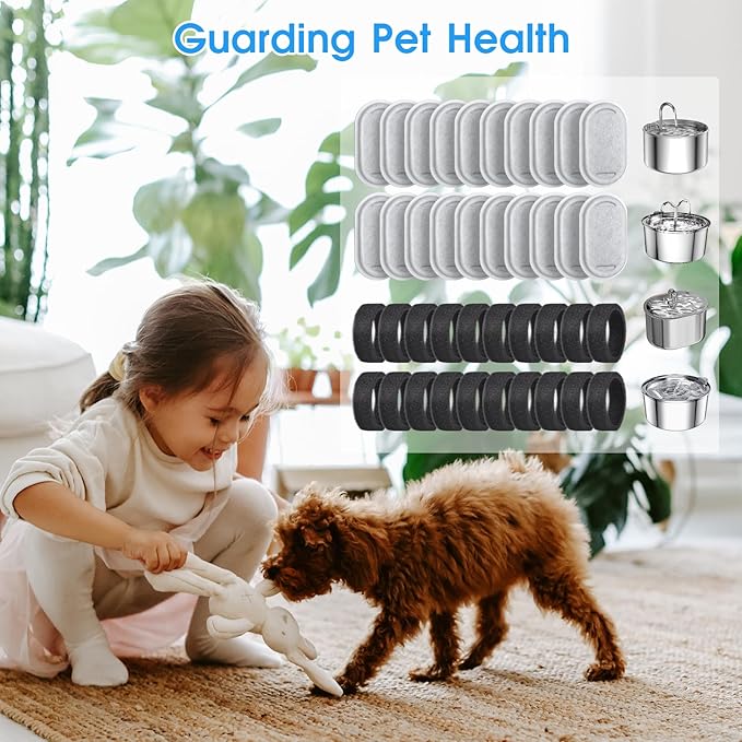 40 Pack Cat Water Fountain Filters-Cat Fountain Replacement Filters for Stainless Steel 108/3.2L& 67oz/2L Adjustable Water Flow Pet Water Fountain(20 Pack Pet Water Filter Refills+20 Pack Sponges)