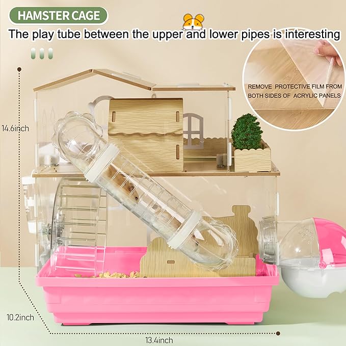 12 in 1 Clear Acrylic Hamster Cage with All Accessories,13.5''L*10''W*15''H Dwarf Hamster Cage,Magnetic Connection Small Hamster Enclosure,Wooden Mouse Cage for Pet Mice(2-Layer,Pink) Install Required