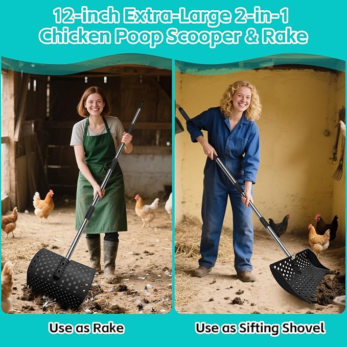 12-Inch 2-in-1 Chicken Poop Scooper & Rake – US Patent Pending – 3-Shape Sifting Holes Chicken Coop Rake,Stainless Steel Handle (20–61")– Litter Scoop Sand & Sifting Shovel for Chicken Coops (Black)