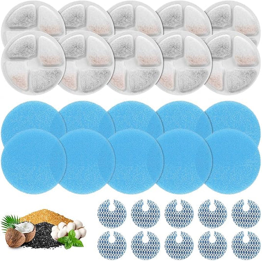 10 Set Cat Water Fountain Filters for 2L/67oz Round Stainless Steel Pet Water Fountain, ZEKIRY Pet Water Fountain Filters, Triple Filtration Replacement Filters(10 Filter, 10 Sponge, 10 8D Sponge)