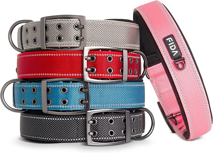 Fida Heavy Duty Dog Collar 1.5” Width, Ultra Soft Neoprene Padded, Adjustable Reflective Nylon Pet Collar with Two Metal Pin Belt Buckle for Large/X-Large Breeds (XL, Black)