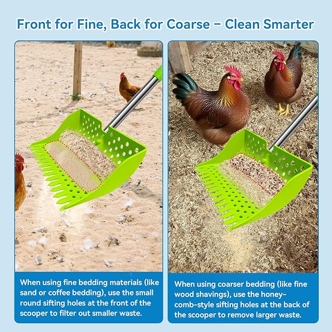 12-Inch 2-in-1 Chicken Poop Scooper & Rake – US Patent Pending – 3-Shape Sifting Holes Chicken Coop Rake,Stainless Steel Handle (20–61")– Litter Scoop Sand & Sifting Shovel for Chicken Coops(Green)