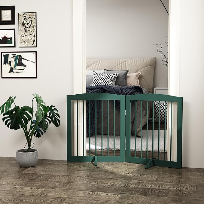 Freestanding Pet Gate for Dogs, Foldable Wooden Dog Gate for House, Stairs, Doorways, Step Over Pet Puppy Safety Fence,Support Feet Included,24" Height 2 Panels, Green