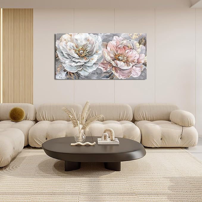 Extra Large Flower Wall Art Pink and White Floral Canvas Living Room Golden Pictures Framed Prints Oversize Wall Decor Big Painting Artwork for Bedroom Dining Office Home 60"x30"