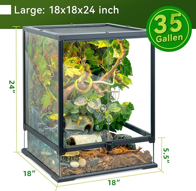 Glass Reptile Tank Front Opening Terrarium Suitable for Leopard Geckos, Snakes, Tree Frogs, Chameleons,Watertight Base, Ventilated Metal Mesh Top, Pre-Drilled Cable Holes 23.9x18x18''