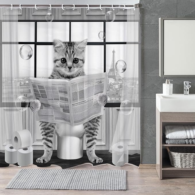 Cute Cat Shower Curtain,Funny Cat Reading on ToiletShower Curtain Set,Black White Grey Fabric Shower Curtains for Bathroom with Hooks 36X72inches