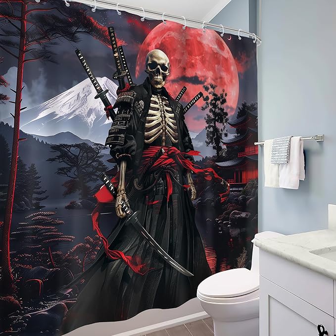 Japanese Anime Shower Curtain 72Wx72H Asian Samurai Gothic Skull Skeleton Black Red Spooky Cool Bathroom Decor Vintage Mountain Sun Nature Landscape Bath Curtain Fabric Polyester 12 Pack Hooks