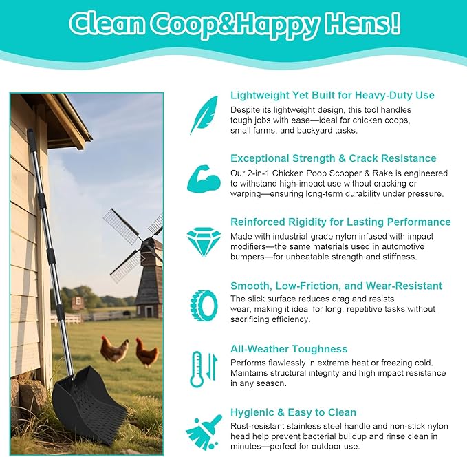 12-Inch 2-in-1 Chicken Poop Scooper & Rake – US Patent Pending – 3-Shape Sifting Holes Chicken Coop Rake,Stainless Steel Handle (20–61")– Litter Scoop Sand & Sifting Shovel for Chicken Coops (Black)