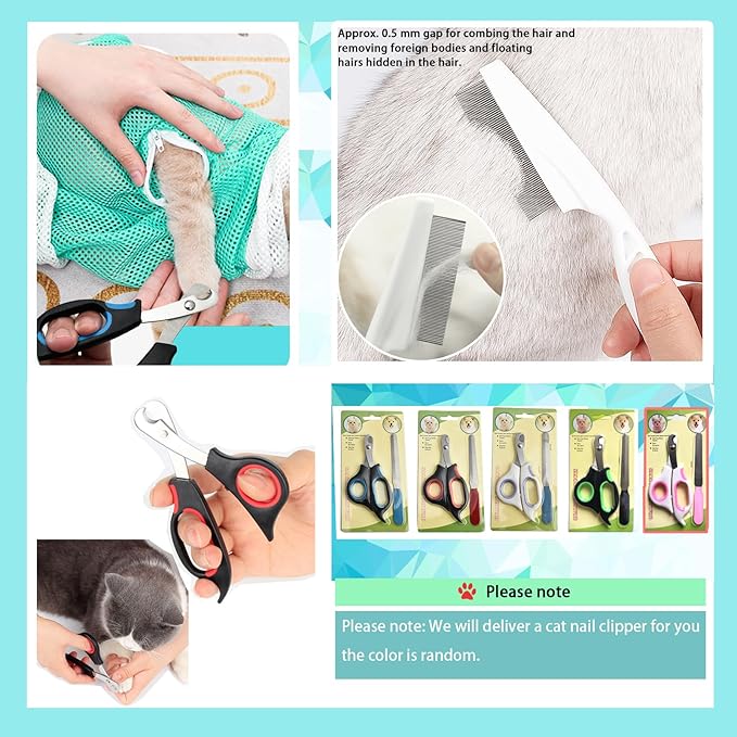 8 Piece Cat Grooming Supplies ,Adjustable Multifunctional Anti-Bite Shower net Bag,Cat Claw Covers,Cat Bath Brush and Cat Nail Clipper(Grey-B)