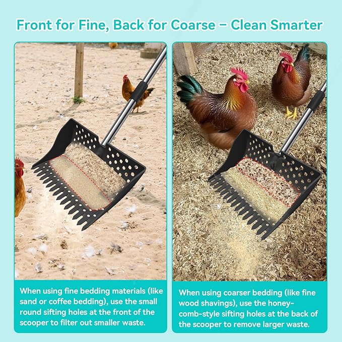 12-Inch 2-in-1 Chicken Poop Scooper & Rake – US Patent Pending – 3-Shape Sifting Holes Chicken Coop Rake,Stainless Steel Handle (20–61")– Litter Scoop Sand & Sifting Shovel for Chicken Coops (Black)