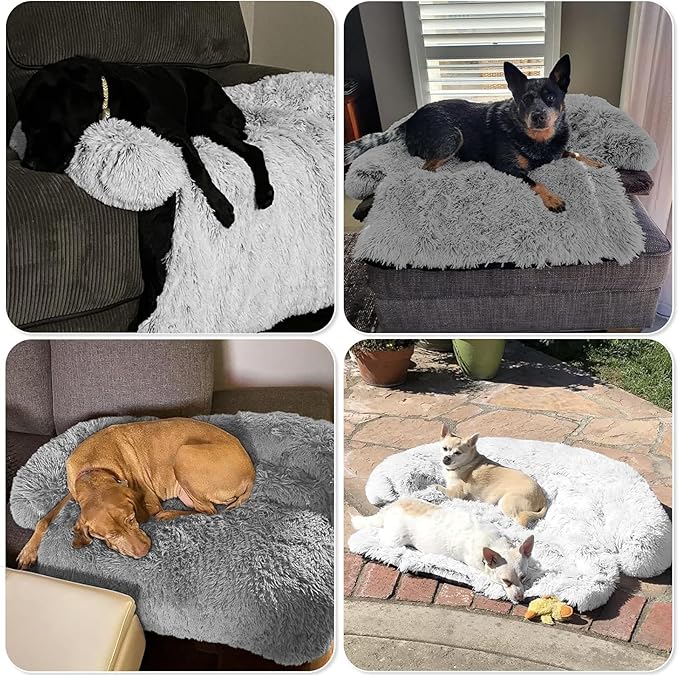 GGIB Calming Dog Bed Fluffy Plush Dog Mat for Furniture Protector with Removable Washable Cover for Large Medium Small Dogs and Cats (Extra Large (53x39.3x6), Grey)