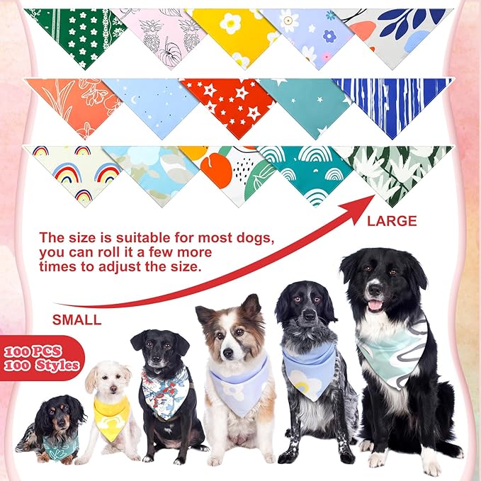 100 Pcs Dog Bandanas Bulk Pet Bibs Colorful Triangle Scarf Pet Bandanas for Medium Large Dogs Spring Summer Birthday Costume Decoration (Boho)