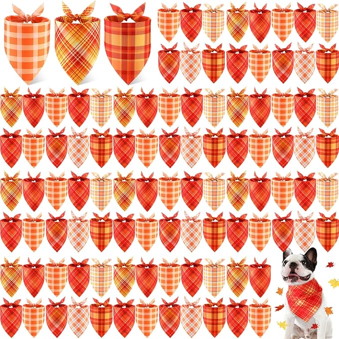 100 Pieces Fall Dog Bandanas Bulk Plaid Bandanas for Dogs Autumn Thanksgiving Soft Doggie Bibs Adjustable Triangle Scarves for Small Medium Large Pet Fall Autumn Costume
