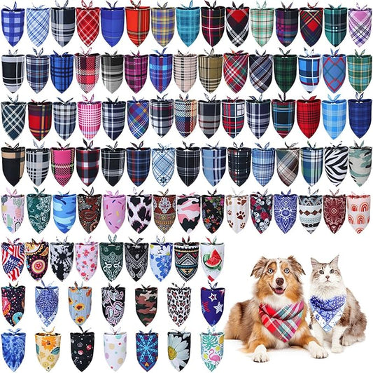 100 Pcs Dog Bandanas Bulk Pet Bibs Colorful Triangle Scarf Pet Bandanas for Medium Large Dogs Spring Summer Birthday Costume Decoration (Plaid)