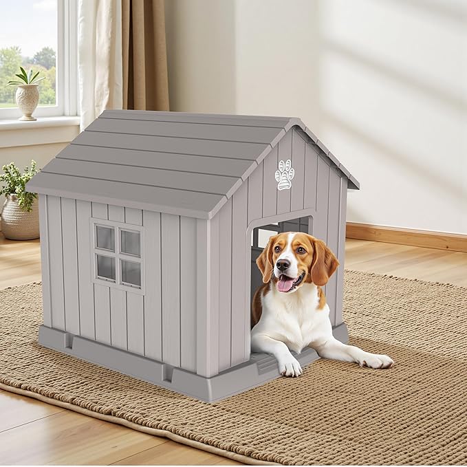 DRATO Dog House Indoor Outdoor for Small to Large Sized Dogs Indoor Outdoor Doghouse Puppy Shelter with Elevated Floor, Easy to Assemble (Light Brown, 38Inch(37.8 * 40.87 * 38.82))