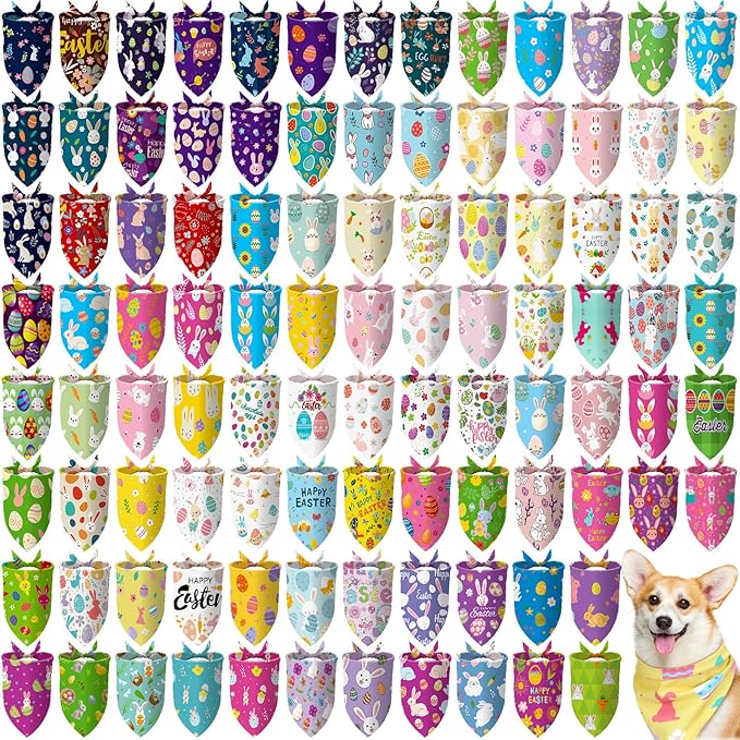 100 Pcs Dog Bandanas Bulk Pet Bibs Colorful Triangle Scarf Pet Bandanas for Medium Large Dogs Spring Summer Birthday Costume Decoration (Easter)