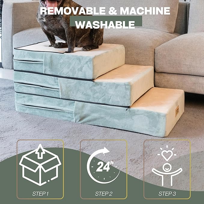 All-in-One Adjustable Dog Stairs – 5-Step Premium Pet Ramp for Small to Large Dogs – Sturdy, Non-Slip & Versatile for Beds, Sofas & More - Soft Cover, Modern Design (Green)