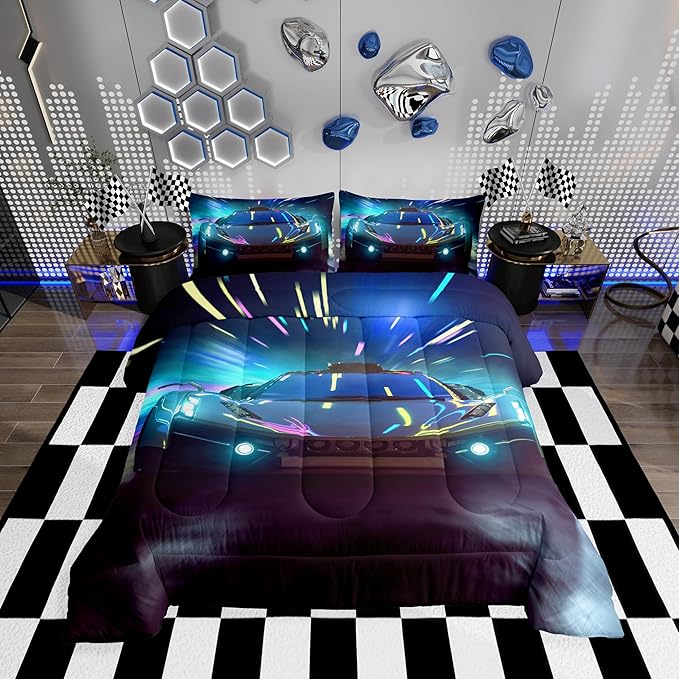 Erosebridal Race Car Bedding Set Queen Size Boys Extreme Sports Comforter Set for Kids Young Man Cool Car Comforter Car Sports Theme Quilt Set for All Season 1 Comforter Set with 2 Pillowcases