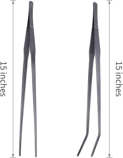 Extra Long Handle Aquarium Tweezers Serving Tongs Feed clamp,2 Pack Stainless Steel Straight and Curved Tweezers Set for Fish Tank Plants Reptile Feeding Tongs（15 Inchs）
