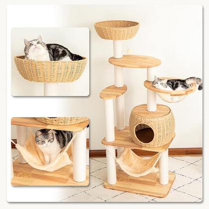 57'' Cat Tower for Large Cats, Manual Hand Woven Modern Multi-Level Condo with Natural Wood, Cat Activity Centre for Medium and Big Pets