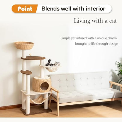 56.6in Large Wooden cat Tower for Large Multiple Cats,cat Tree with Observation Deck, Suitable for Summer and Winter 144CM (Particleboard)