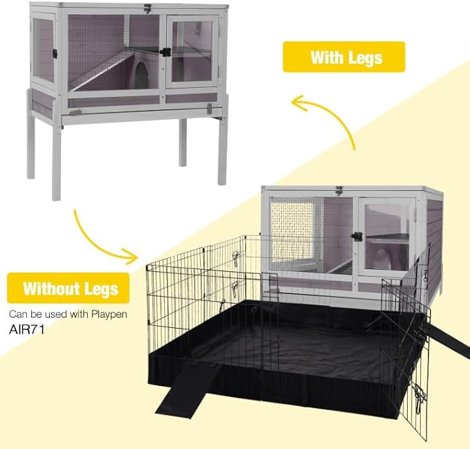 Aivituvin Wooden Guinea Pig Cages Indoor with Removable Stand, Anti Chewing Rabbit Hutch with Ramp and Wire Mesh, 2 Story Small Animals House Habitat with Pull Out Tray (Gray&Purple)