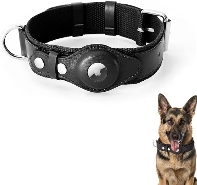 AirTag Dog Collar Soft Leather Webbing Dog Collar for AirTag Provides Double Protection for Small Medium and Large Dogs(Black,L)