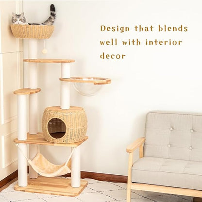57'' Cat Tower for Large Cats, Manual Hand Woven Modern Multi-Level Condo with Natural Wood, Cat Activity Centre for Medium and Big Pets