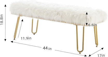 42.5Inch White Bedroom Bench, Benches for Bedroom White Faux Fur Upholstered Bed end Bench, Tufting Bench Indoor Bench with Metal Legs for Living Room Bedroom Dining Room Entryway