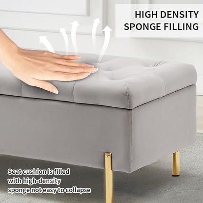 45.6 Inch Velvet Storage Bench, Tufted Upholstered Ottoman with Storage, Bedroom Living Room Entryway Rectangular Accent Bench, Grey