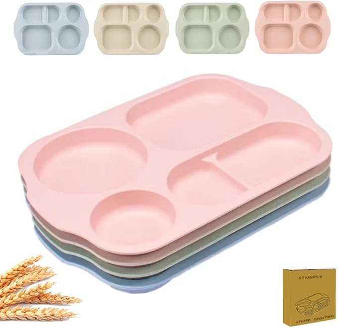 12 Inch Divided Plates4 PCS - Reusable Unbreakable Wheat Straw Plates, Dinnerware Lunch Tray Plates Tableware for Kitchen, Picky Eaters, Campers and Portion Control (Blush)
