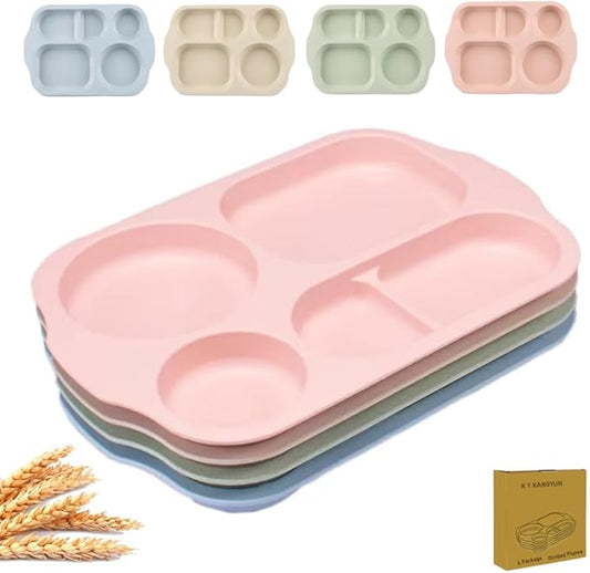 12 Inch Divided Plates4 PCS - Reusable Unbreakable Wheat Straw Plates, Dinnerware Lunch Tray Plates Tableware for Kitchen, Picky Eaters, Campers and Portion Control (Blush)