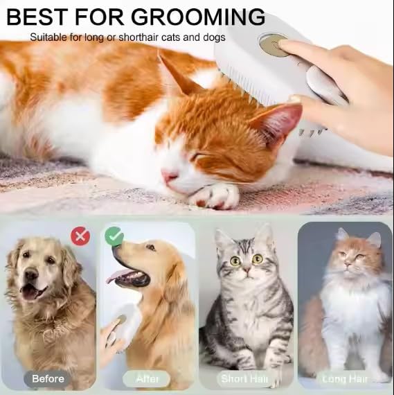 3-in-1 Steam Pet Brush for Cats & Dogs – Self-Cleaning Grooming Comb with Spray Mist, Massage & Shedding, Rechargeable USB, Anti-Static, Foldable Handle – White (WHITE)