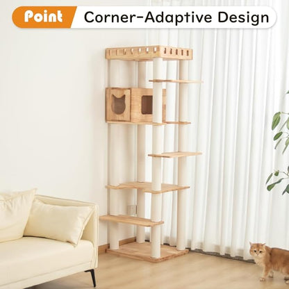 74" Wooden Cat Tree Tower for Large Cats, Multi-Level Cat Climbing Furniture with Scratching Posts, Cat Condo & Hammock, Natural Wood Cat Activity Center (White)