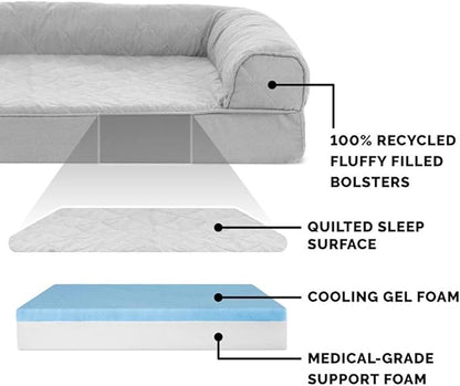 Furhaven Cooling Gel Dog Bed for Large Dogs w/ Removable Bolsters & Washable Cover, For Dogs Up to 95 lbs - Two-Tone Plush Faux Fur & Suede L Shaped Chaise - Stone Gray, Jumbo/XL
