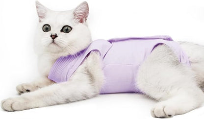 DOTON Cat Recovery Suit for Male and Female Surgical Post Surgery Soft Cone Onesie Shirt Clothes Neuter Licking Protective Diapers Outfit Cover Kitten Spay Collar(L, Purple)
