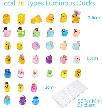 36 Types Luminous Mini Resin Ducks, Plastic Little Ducks to Hide Prank, Small Ducks Figures for Fairy Garden, Dollhouse,Terrariums, Potted, Cake Topper, Miniature Landscape Ornament.