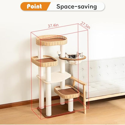 48'' Cat Tree for Large Cats, Modern Cat Tree Multi-Level Condo with Natural Wood, Cat Activity Centre for Medium and Big Pets