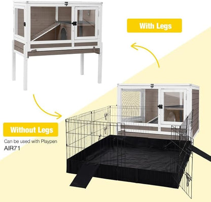 Aivituvin Wooden Guinea Pig Cages Indoor with Removable Stand, Anti Chewing Rabbit Hutch with Ramp and Wire Mesh, 2 Story Small Animals House Habitat with Pull Out Tray (Brown)