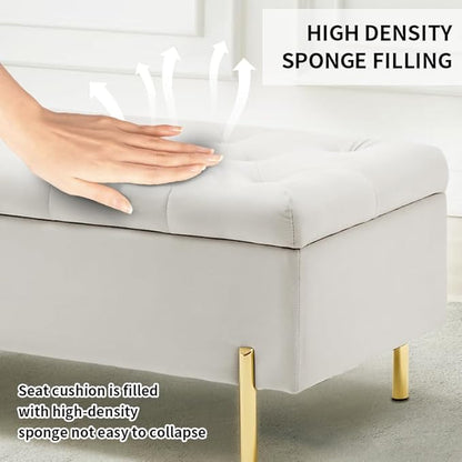 45.6 Inch Velvet Storage Bench Upholstered Tufted Settee Ottoman Bench with Storage, Bed End Bench with Soft Close Lid, for Bedroom, Living Room, Entryway, Rectangular Accent Bench, Beige