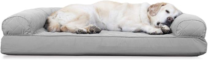 Furhaven Cooling Gel Dog Bed for Large Dogs w/ Removable Bolsters & Washable Cover, For Dogs Up to 95 lbs - Two-Tone Plush Faux Fur & Suede L Shaped Chaise - Stone Gray, Jumbo/XL