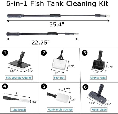 AQUANEAT 6 in 1 Fish Tank Cleaning Tools, Aquarium Cleaner Set with Adjustable Handle, Including Algae Scraper, Sponge Pad, Fish Net, and Brush