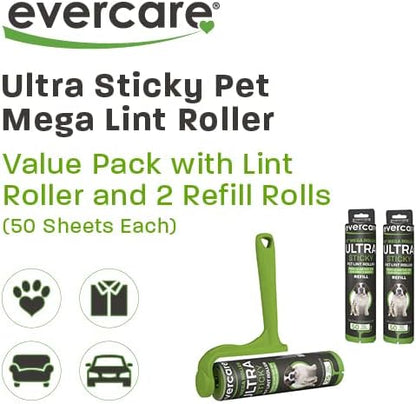Evercare Ultra Sticky Pet Mega Lint Roller Value Pack with Lint Roller and 2 Refill Rolls, 50 Sheets Each
