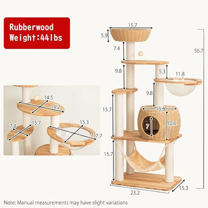 57'' Cat Tower for Large Cats, Manual Hand Woven Modern Multi-Level Condo with Natural Wood, Cat Activity Centre for Medium and Big Pets