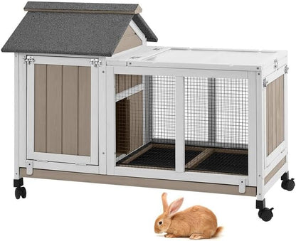 38''L Rabbit Hutch Outdoor Indoor with Wheels, Wooden Expandable 2 Story Bunny House Rabbit Cage with Run, Waterproof Roof, Pull Out Tray, Guinea Pig Cage Chicken Coop for Small to Medium Pets