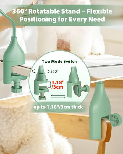 2-in-1 Hands-Free Dog Hair Dryer with Table Clamp – Low Noise Pet Grooming Dryer for Dogs & Cats, Adjustable Heat & Speed, Wearable or Desktop Use(Green)