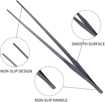 Extra Long Handle Aquarium Tweezers Serving Tongs Feed clamp,2 Pack Stainless Steel Straight and Curved Tweezers Set for Fish Tank Plants Reptile Feeding Tongs（15 Inchs）