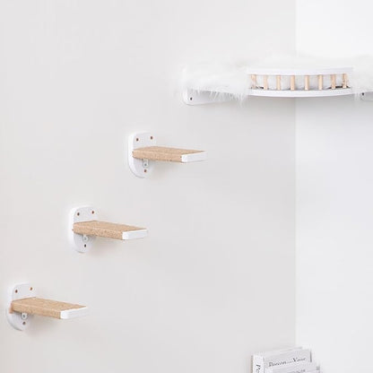 3-in-1 Cat Wall Steps with Hemp Rope, Solid Wood Cat Ladder for Climbing and Playing (Large-White)