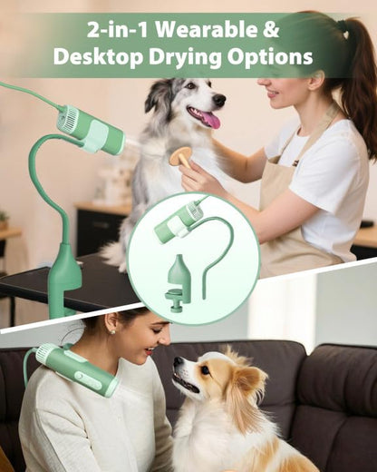 2-in-1 Hands-Free Dog Hair Dryer with Table Clamp – Low Noise Pet Grooming Dryer for Dogs & Cats, Adjustable Heat & Speed, Wearable or Desktop Use(Green)