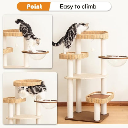 48'' Cat Tree for Large Cats, Modern Cat Tree Multi-Level Condo with Natural Wood, Cat Activity Centre for Medium and Big Pets